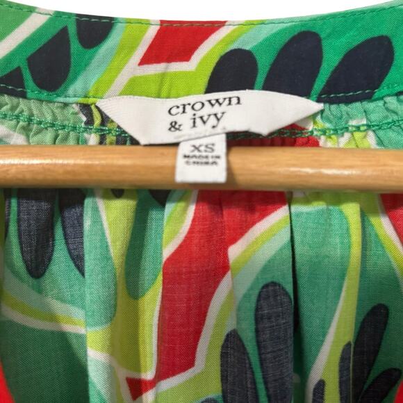 Crown & Ivy Womens Rayon Blouse XS Green Whimsical Abstract Top Bright Retro Pop - Picture 4 of 7